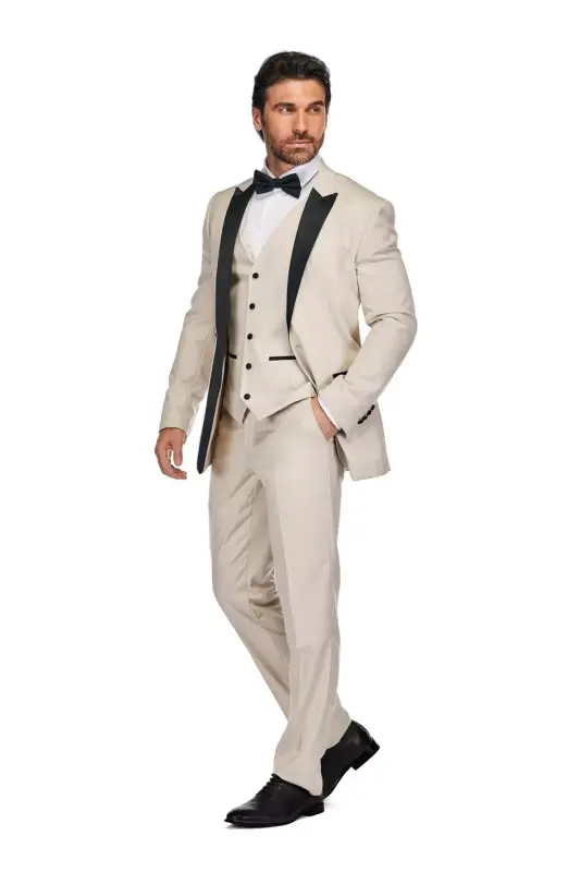 Men's 3-Piece Slim Fit Tuxedo with Peak Lapel - Light beige - 2