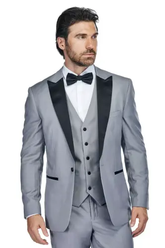 Men's 3-Piece Slim Fit Tuxedo with Peak Lapel - Light grey - 2