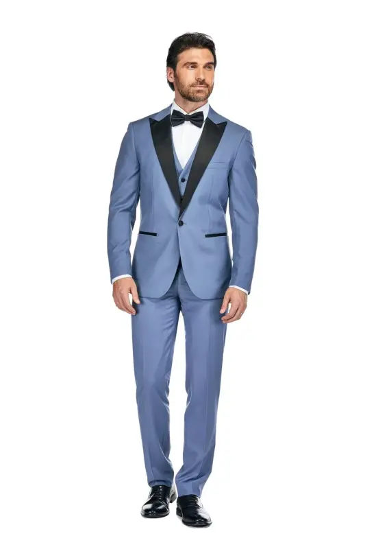 Men's 3-Piece Slim Fit Tuxedo with Peak Lapel - Slate blue - GINO VITALE