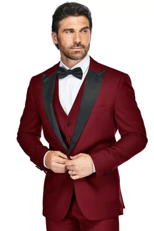 Men's 3-Piece Slim Fit Tuxedo with Peak Lapel - Burgundy - 3