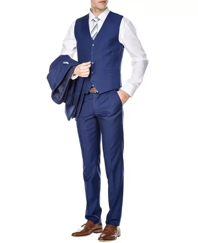 Erkek 3 Parçalı Premium Yelekli 3 Parçalı Slim Fit Takım Elbise-Mavi - 3