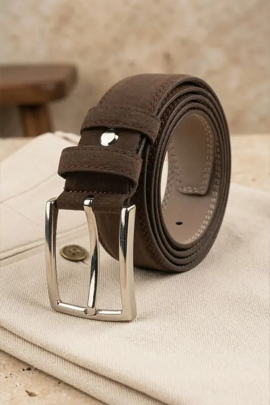 Erkek 3,5 cm. Klasik Kahverengi Kemer - Kahve - 6