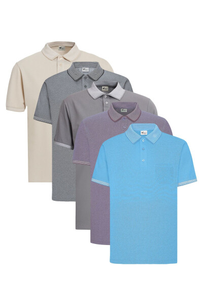 Erkek 5'li Paket Çekmeyen Pamuklu Kumaş Kıvrılmaz Yaka Slim Fit Dar Kesim Polo Yaka Tişört - SIYAH-GRI-MAVI-ACIK BEJ-MOR 