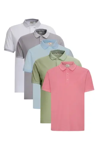 Erkek 5'li Paket Çekmeyen Pamuklu Kumaş Kıvrılmaz Yaka Slim Fit Dar Kesim Polo Yaka Tişört - BEYAZ-YESIL-ACIK MAVI-GRI-FUSYA 