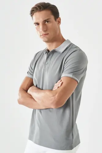 Erkek 5'li Paket Çekmeyen Pamuklu Kumaş Kıvrılmaz Yaka Slim Fit Dar Kesim Polo Yaka Tişört - BEYAZ-YESIL-ACIK MAVI-GRI-FUSYA - 6
