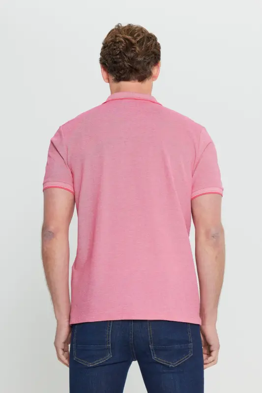 Erkek 5'li Paket Çekmeyen Pamuklu Kumaş Kıvrılmaz Yaka Slim Fit Dar Kesim Polo Yaka Tişört - BEYAZ-YESIL-ACIK MAVI-GRI-FUSYA - 8