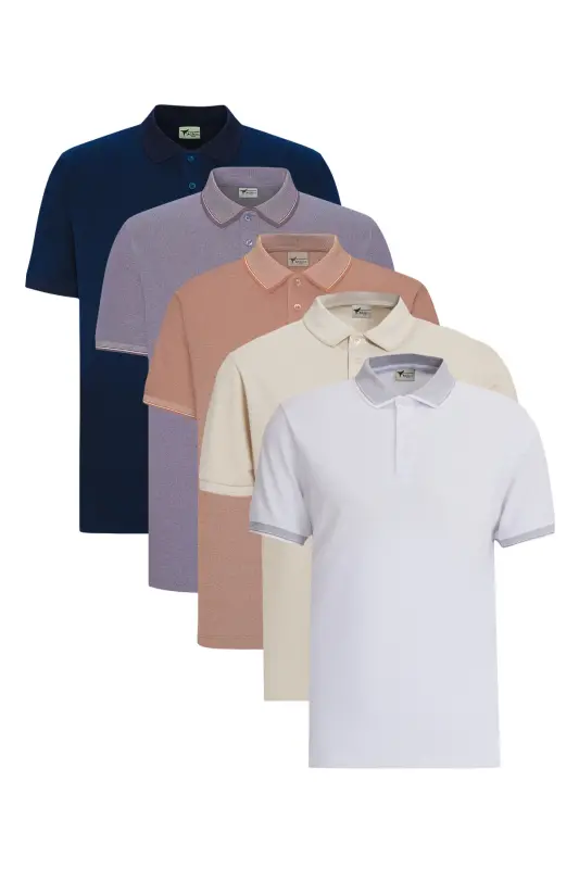 Erkek 5'li Paket Çekmeyen Pamuklu Kumaş Kıvrılmaz Yaka Slim Fit Dar Kesim Polo Yaka Tişört - BEYAZ-LACIVERT-ACIK BEJ-KIREMIT-MOR - 1