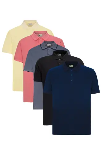 Erkek 5'li Paket Çekmeyen Pamuklu Kumaş Kıvrılmaz Yaka Slim Fit Dar Kesim Polo Yaka Tişört - SIYAH-NARCICEGI-SARI-LACIVERT-LACI 