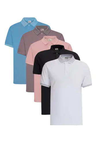 Erkek 5'li Paket Çekmeyen Pamuklu Kumaş Kıvrılmaz Yaka Slim Fit Dar Kesim Polo Yaka Tişört - SIYAH-BEYAZ-PEMBE-SAKS-BORDO 