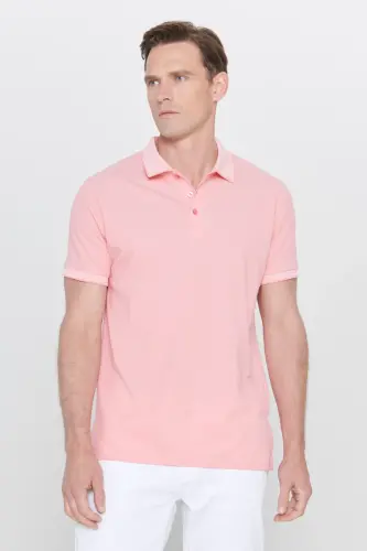 Erkek 5'li Paket Çekmeyen Pamuklu Kumaş Kıvrılmaz Yaka Slim Fit Dar Kesim Polo Yaka Tişört - SIYAH-BEYAZ-PEMBE-SAKS-BORDO - 5