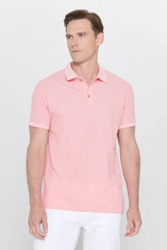 Erkek 5'li Paket Çekmeyen Pamuklu Kumaş Kıvrılmaz Yaka Slim Fit Dar Kesim Polo Yaka Tişört - SIYAH-BEYAZ-PEMBE-SAKS-BORDO - 5
