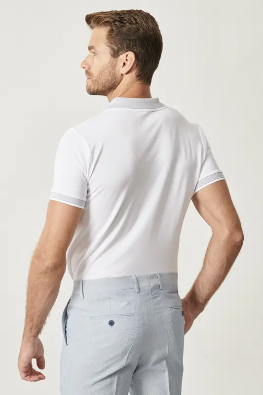 Erkek 5'li Paket Çekmeyen Pamuklu Kumaş Kıvrılmaz Yaka Slim Fit Dar Kesim Polo Yaka Tişört - SIYAH-BEYAZ-PEMBE-SAKS-BORDO - 8