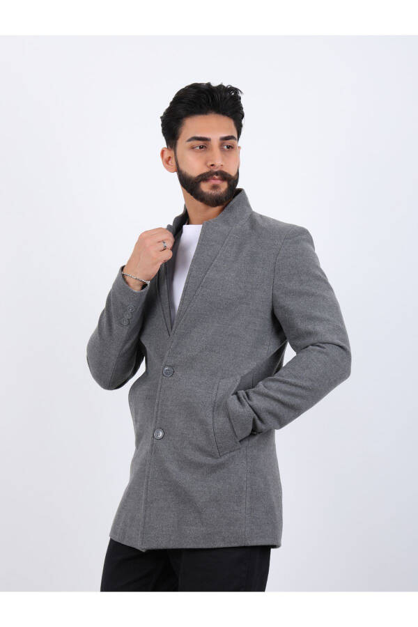 Erkek Açık Antrasit Slim Fit Dik Yaka Kaşe Kaban - AÇIK ANTRASİT - 3