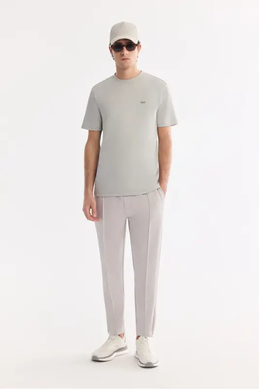 Erkek Açık Gri Bisiklet Yaka Bi-Stretch Kırışmaz Baskılı Regular Fit T-Shirt B001040 - Açık Gri - 6
