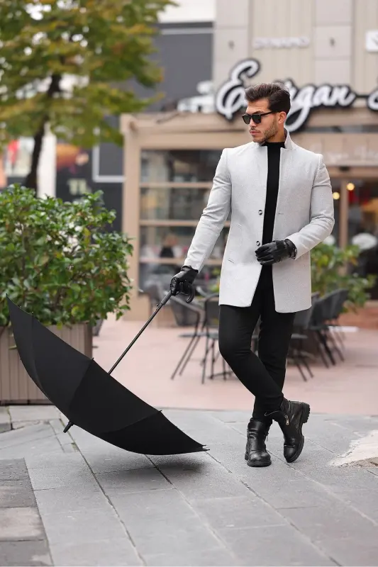 Erkek Açık Gri Dar Kesim Dik Yaka Kaşe Kaban-AÇIKGRİ - MİX CLOTHES