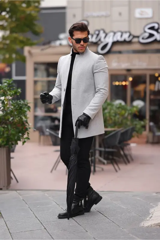 Erkek Açık Gri Dar Kesim Dik Yaka Kaşe Kaban-AÇIKGRİ - 3