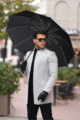 Erkek Açık Gri Dar Kesim Dik Yaka Kaşe Kaban-AÇIKGRİ - MİX CLOTHES (1)