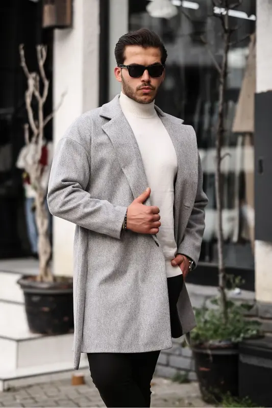 Erkek Açık Gri Kemerli Oversize Rahat Kesim Kaşe Kaban - AÇIK GRİ - 2