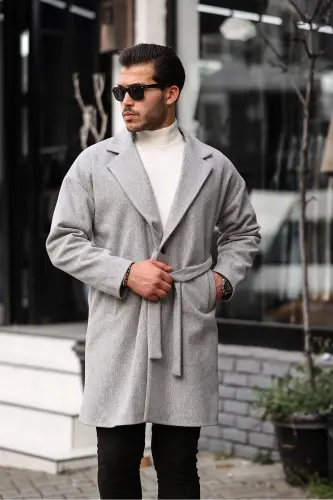 Erkek Açık Gri Kemerli Oversize Rahat Kesim Kaşe Kaban - AÇIK GRİ - 3