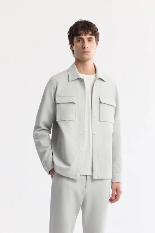 Erkek Açık Gri Klasik Yaka Pamuklu Jersey Comfort Fit Gömlek Ceket A51Y2048 - Açık Gri - 1
