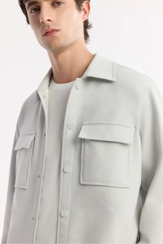 Erkek Açık Gri Klasik Yaka Pamuklu Jersey Comfort Fit Gömlek Ceket A51Y2048 - Açık Gri - 2