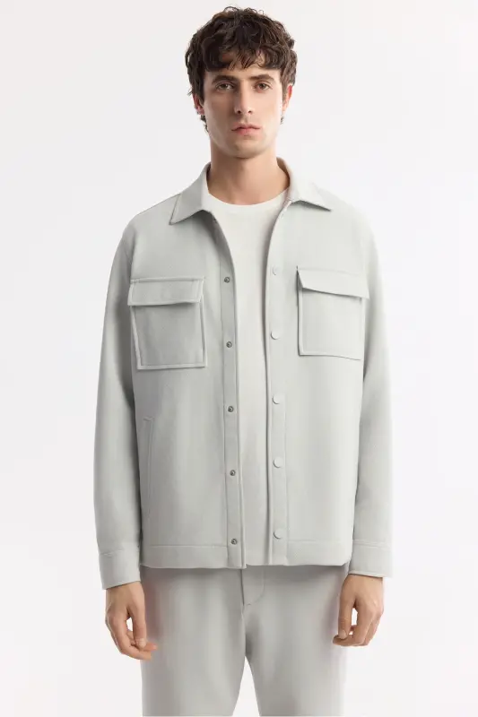 Erkek Açık Gri Klasik Yaka Pamuklu Jersey Comfort Fit Gömlek Ceket A51Y2048 - Açık Gri - 6