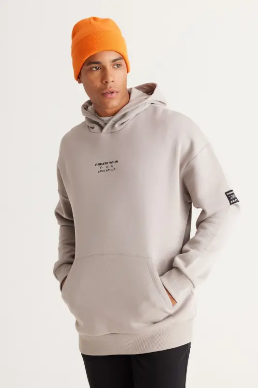 Erkek Açık Gri Oversize Fit Bol Kesim Kapüşonlu Içi Polarlı 3 Iplik Pamuklu Sweatshirt - Açık Gri - AC&CO / ALTINYILDIZ CLASSICS