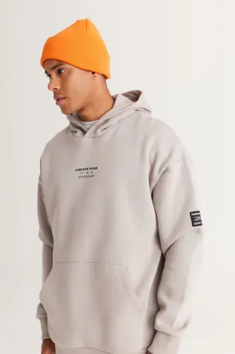 Erkek Açık Gri Oversize Fit Bol Kesim Kapüşonlu Içi Polarlı 3 Iplik Pamuklu Sweatshirt - Açık Gri - 3