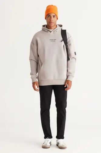 Erkek Açık Gri Oversize Fit Bol Kesim Kapüşonlu Içi Polarlı 3 Iplik Pamuklu Sweatshirt - Açık Gri - 4