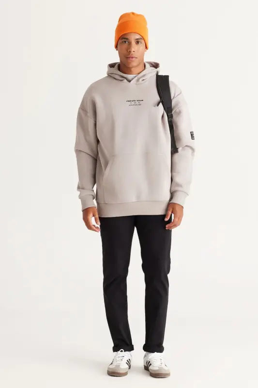Erkek Açık Gri Oversize Fit Bol Kesim Kapüşonlu Içi Polarlı 3 Iplik Pamuklu Sweatshirt - Açık Gri - 4