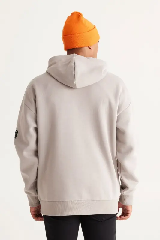 Erkek Açık Gri Oversize Fit Bol Kesim Kapüşonlu Içi Polarlı 3 Iplik Pamuklu Sweatshirt - Açık Gri - 5