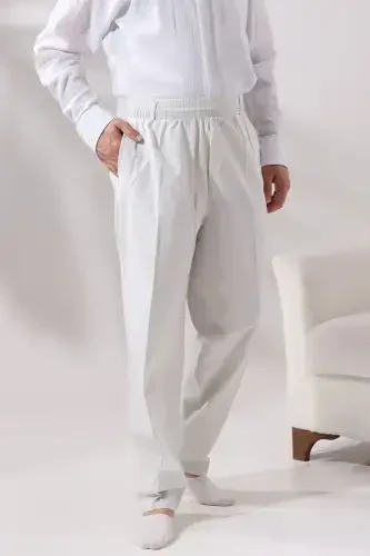 Erkek Açık Gri Rahat Kesim Beli Lastikli Keten Hac ve Umre Şalvar Pantolon-Açık Krem - 1