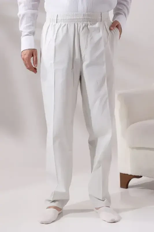Erkek Açık Gri Rahat Kesim Beli Lastikli Keten Hac ve Umre Şalvar Pantolon-Açık Krem - 3