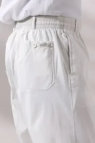 Erkek Açık Gri Rahat Kesim Beli Lastikli Keten Hac ve Umre Şalvar Pantolon-Açık Krem - 5