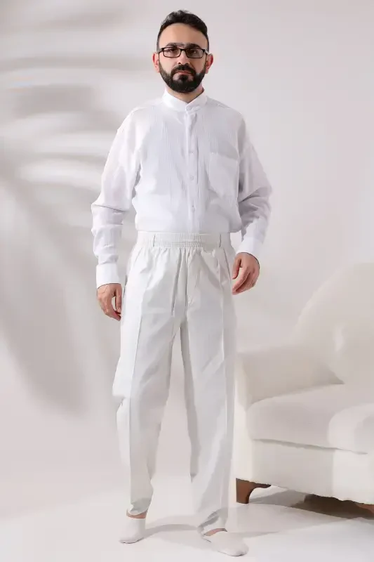 Erkek Açık Gri Rahat Kesim Beli Lastikli Keten Hac ve Umre Şalvar Pantolon-Açık Krem - 6