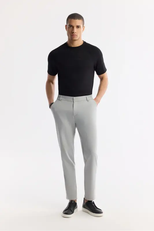 Erkek Açık Gri Beli Lastikli Bi-Stretch Teknik Kumaş Slim Fit Pantolon A51Y3077-Açık Gri - 3