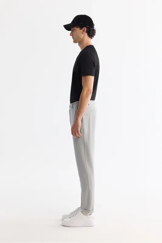 Erkek Açık Gri Yanı Lastikli Bi-Stretch Kolay Ütülenen Chino Slim Fit Pantolon B003037 - Açık Gri - 2