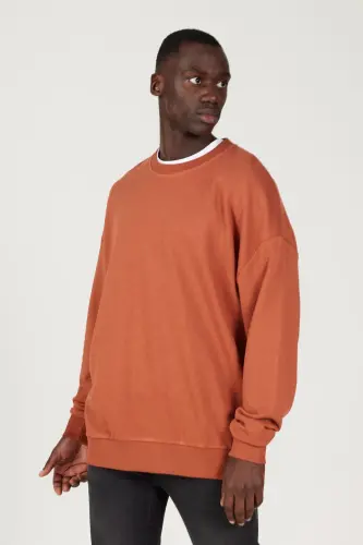 Erkek Açık Kahve Oversize Bol Kesim 3 Iplik Bisiklet Yaka Pamuklu Sweatshirt - Kahverengi 