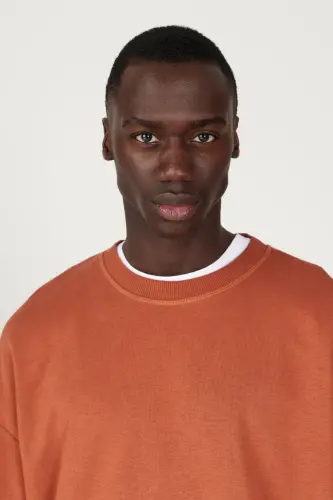 Erkek Açık Kahve Oversize Bol Kesim 3 Iplik Bisiklet Yaka Pamuklu Sweatshirt - Kahverengi - 5