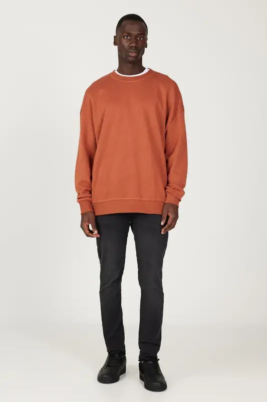 Erkek Açık Kahve Oversize Bol Kesim 3 Iplik Bisiklet Yaka Pamuklu Sweatshirt-Kahverengi - 2