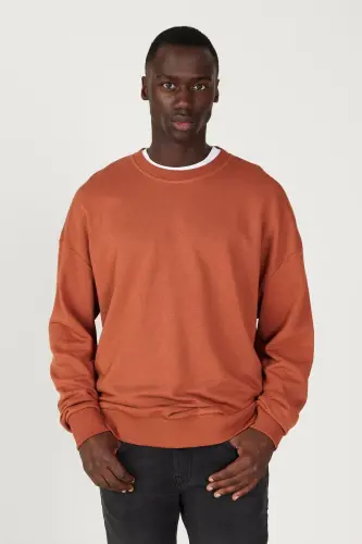 Erkek Açık Kahve Oversize Bol Kesim 3 Iplik Bisiklet Yaka Pamuklu Sweatshirt-Kahverengi - 3