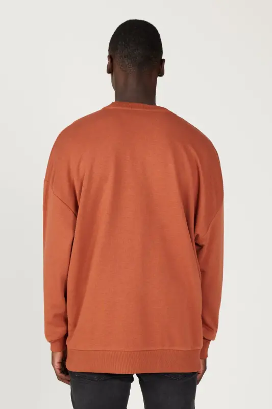 Erkek Açık Kahve Oversize Bol Kesim 3 Iplik Bisiklet Yaka Pamuklu Sweatshirt-Kahverengi - 6
