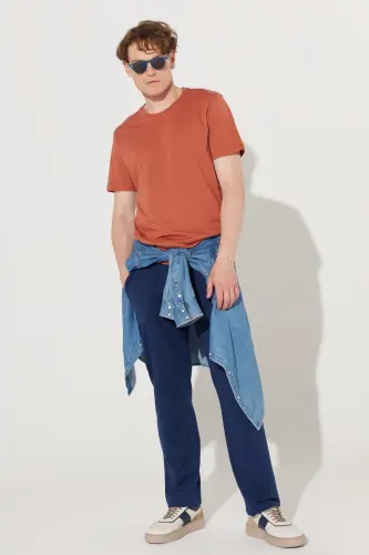 Erkek Açık Kahve Slim Fit Dar Kesim %100 Pamuk Bisiklet Yaka Basic Tişört-Kahverengi - 2