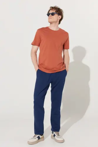 Erkek Açık Kahve Slim Fit Dar Kesim %100 Pamuk Bisiklet Yaka Basic Tişört-Kahverengi - 6