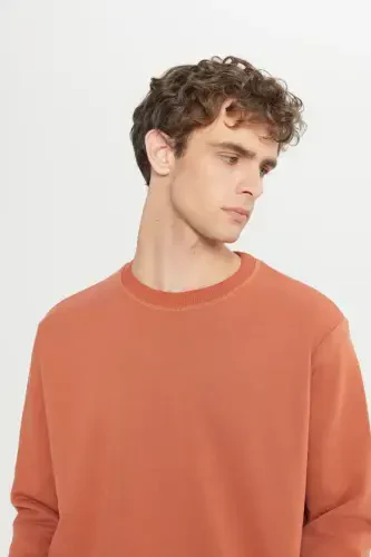 Erkek Açık Kahve Standart Fit Normal Kesim Içi Polarlı 3 Iplik Bisiklet Yaka Sweatshirt-Kahverengi - 4
