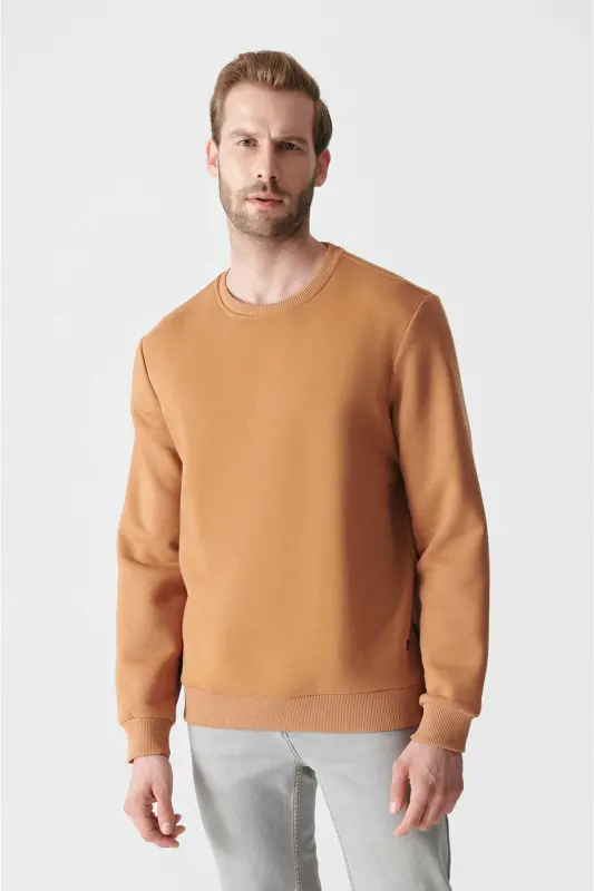 Erkek Açık Kahverengi Bisiklet Yaka 3 İplik Şardonlu Pamuklu Sweatshirt E001017-Açık Kahve - 1