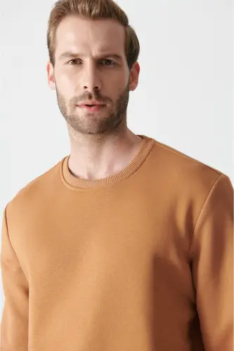 Erkek Açık Kahve Şardonlu Kumaş Bisiklet Yaka Basic Sweatshirt E001017 - Açık Kahve - 2