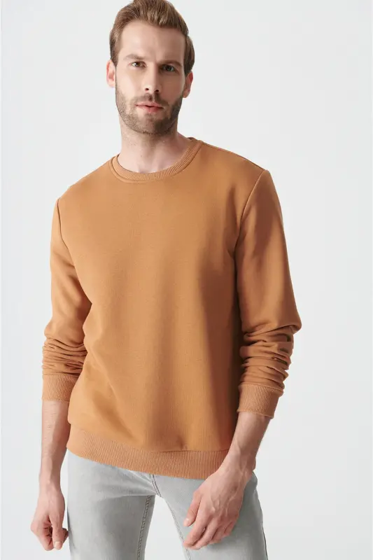 Erkek Açık Kahve Şardonlu Kumaş Bisiklet Yaka Basic Sweatshirt E001017 - Açık Kahve - 3