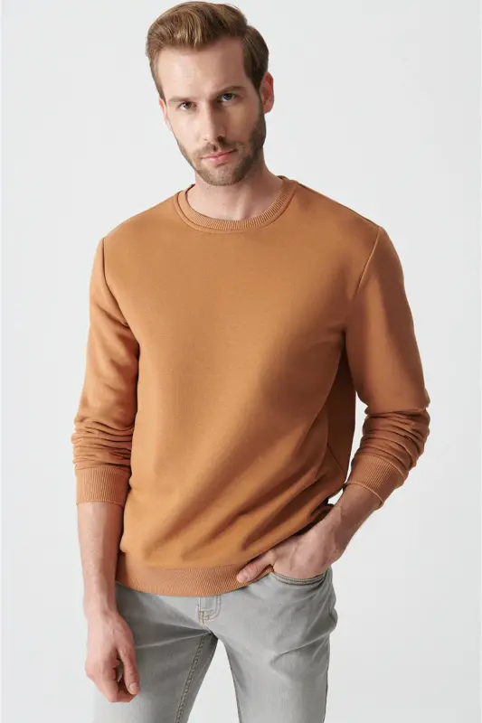 Erkek Açık Kahve Şardonlu Kumaş Bisiklet Yaka Basic Sweatshirt E001017 - Açık Kahve - 4