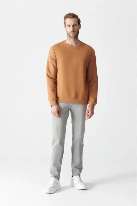 Erkek Açık Kahve Şardonlu Kumaş Bisiklet Yaka Basic Sweatshirt E001017 - Açık Kahve - 6